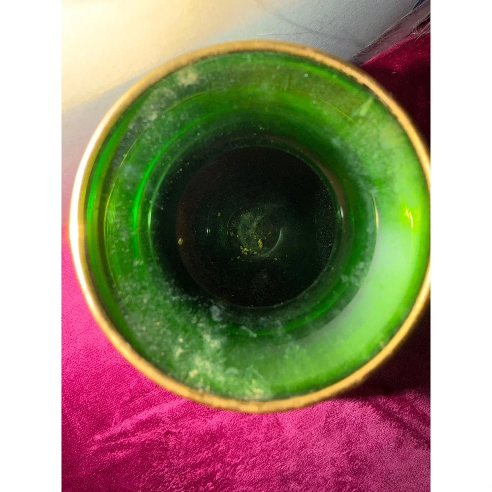 Vintage Vecchia Murano Emerald Green Art Glass Vase 24K Gold Gilt Baroque Italy